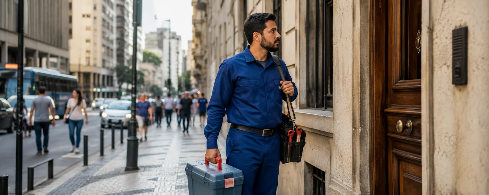Técnico de desentupidora atendendo no Centro de Mogi das Cruzes