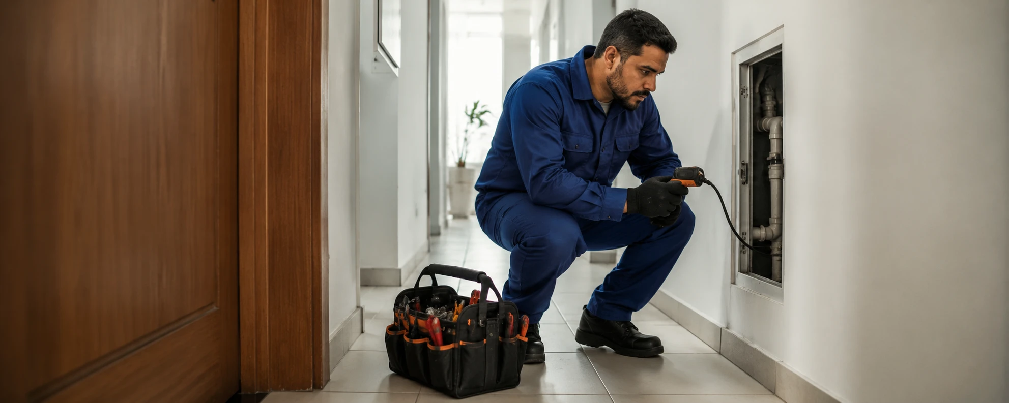 Técnico de desentupidora realizando serviço em imóvel no Mogilar, Mogi das Cruzes