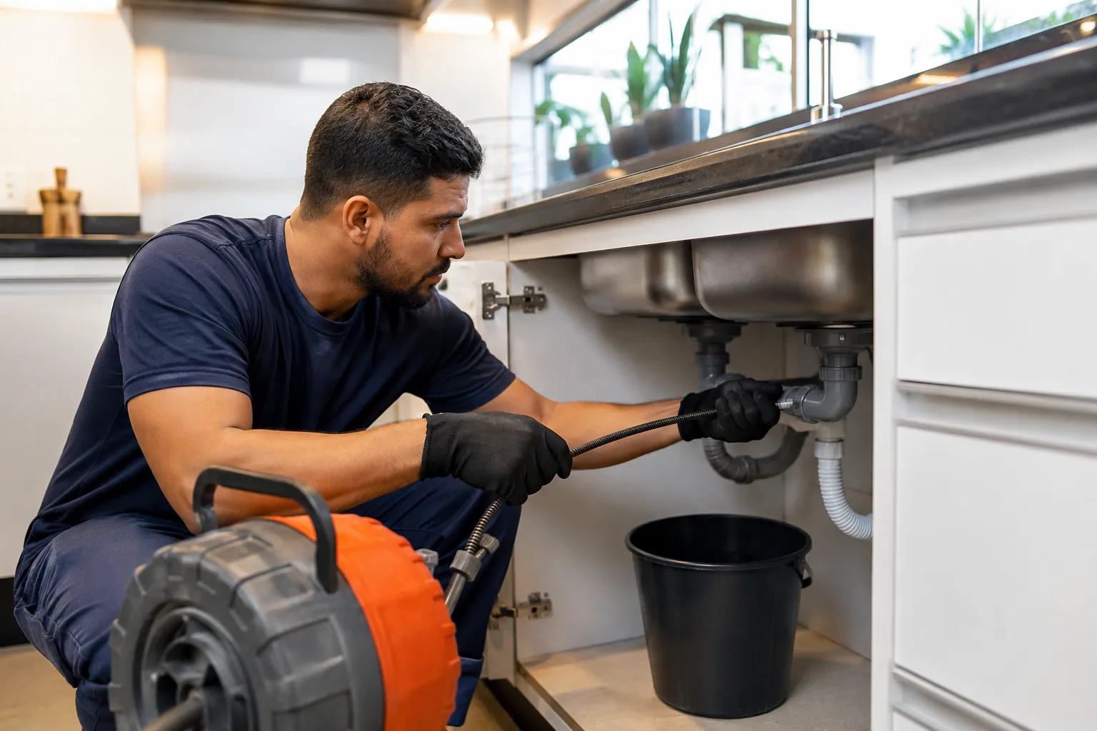 Técnico realizando desentupimento de pia de cozinha em Mogi das Cruzes